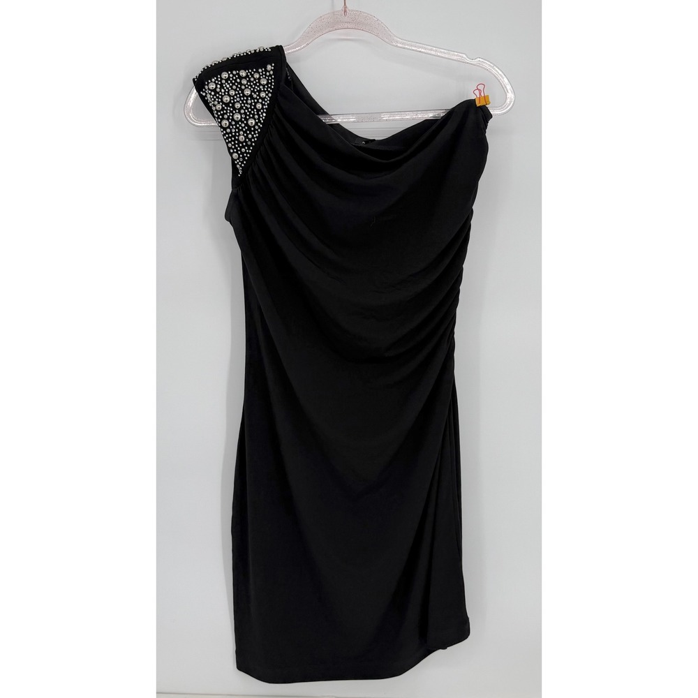 Allen‎ B by Schwartz Black One Shoulder Ruched Studded Pearl Dress Womens Sz M